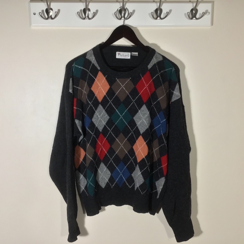 Vintage PARKER Mens Lambswool Argyle L/S Dark Grey
